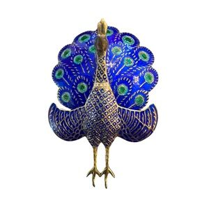 Cloisonné and sterling silver vintage peacock brooch